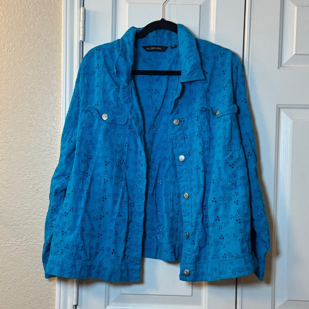 Colleen Lopez Cotton Eyelet Button Up Jacket Vibrant Turquoise Women's Size 3X